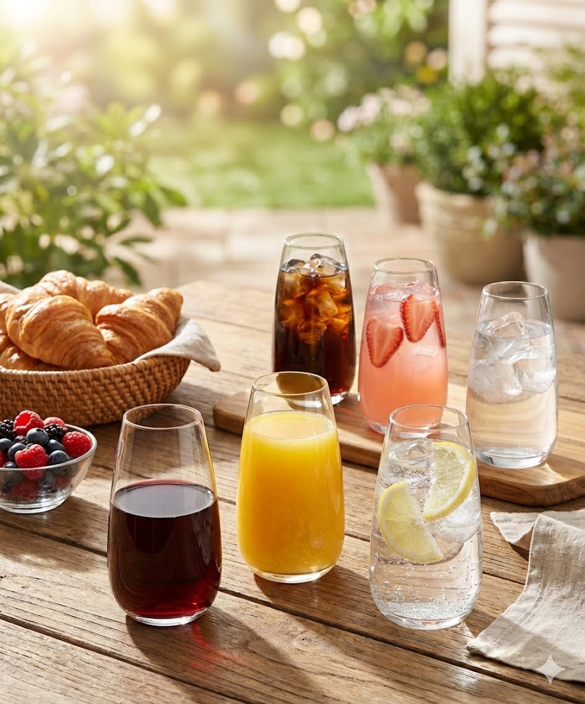 Szklanka Bohemia Alizee wypełniona kolorowym drinkiem z lodem i owocami na stole