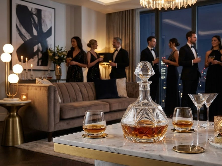 Elegancka karafka Bohemia Havana wypełniona bursztynową whisky, idealna na prezent.