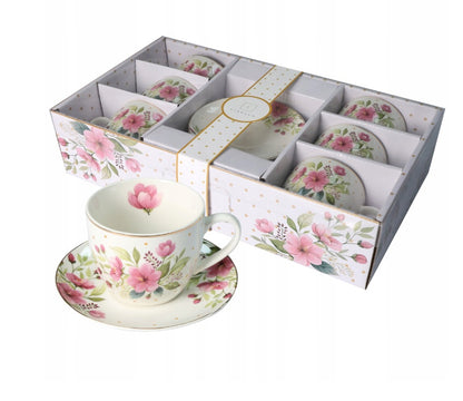 LIVELLO KOMPLET 6 FILIŻANEK 250ML ZE SPODKIEM 14CM KWIAT WIŚNI ZŁOTY PASEK