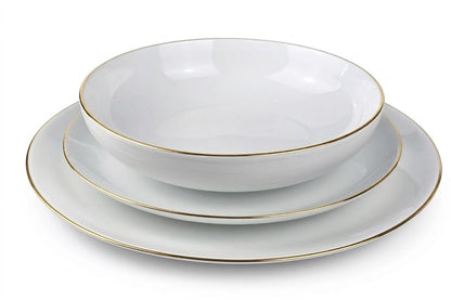 Okrągły komplet obiadowy Base Gold z białej porcelany ze złotym rantem, 18 elementów.