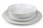 Okrągły komplet obiadowy Base Gold z białej porcelany ze złotym rantem, 18 elementów.