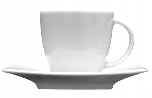 Geometryczny, kwadratowy spodek i ucho białej porcelanowej filiżanki z linii Victoria.
