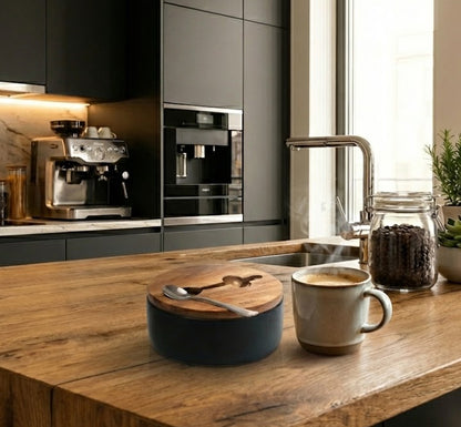 Cukiernica Husla Hygge na drewnianym blacie obok filiżanki z kawą
