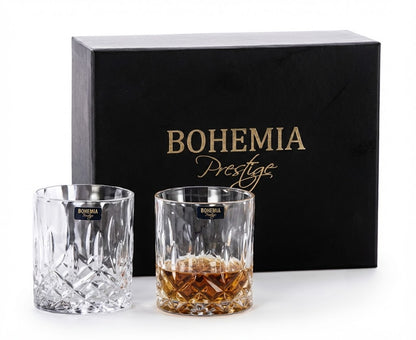 Oryginalne granatowe pudełko prezentowe Bohemia zawierające komplet szklanek do whisky