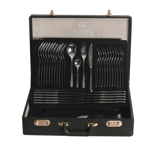 Otwarta elegancka walizka z kompletem 68 sztućców Gerpol Venus na wysoki połysk